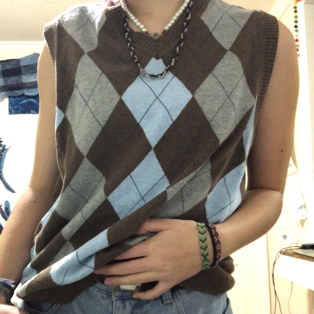 Brown and blue argyle vest